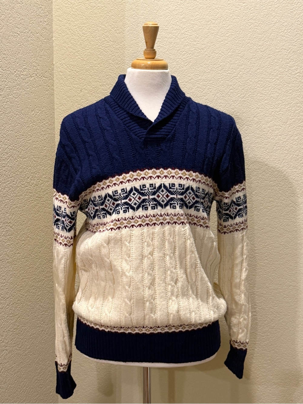 VTG Jantzen Men’s Fair Isle Snowflake Chunky Grandpa Shawl Collar Ski Sweater L